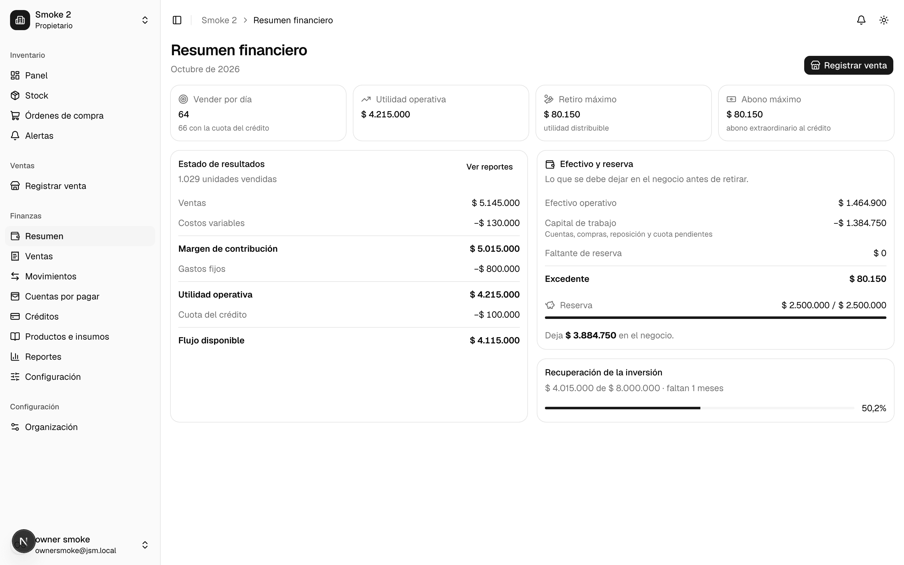 Pantalla real de Jasmine: resumen financiero con utilidad operativa, retiro máximo, estado de resultados y efectivo disponible.